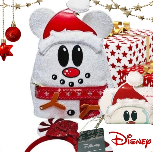NWT Mickey Mouse Christmas Snowman Backpack Set Ears Wallet Bag Combo Disney - Picture 5 of 16